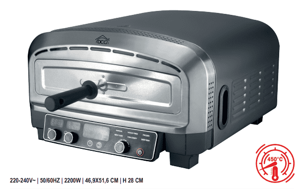 Horno de pizza eléctrico DCG MB2350 – 450°C, 2200W, piedra refractaria incluida, 6 programas