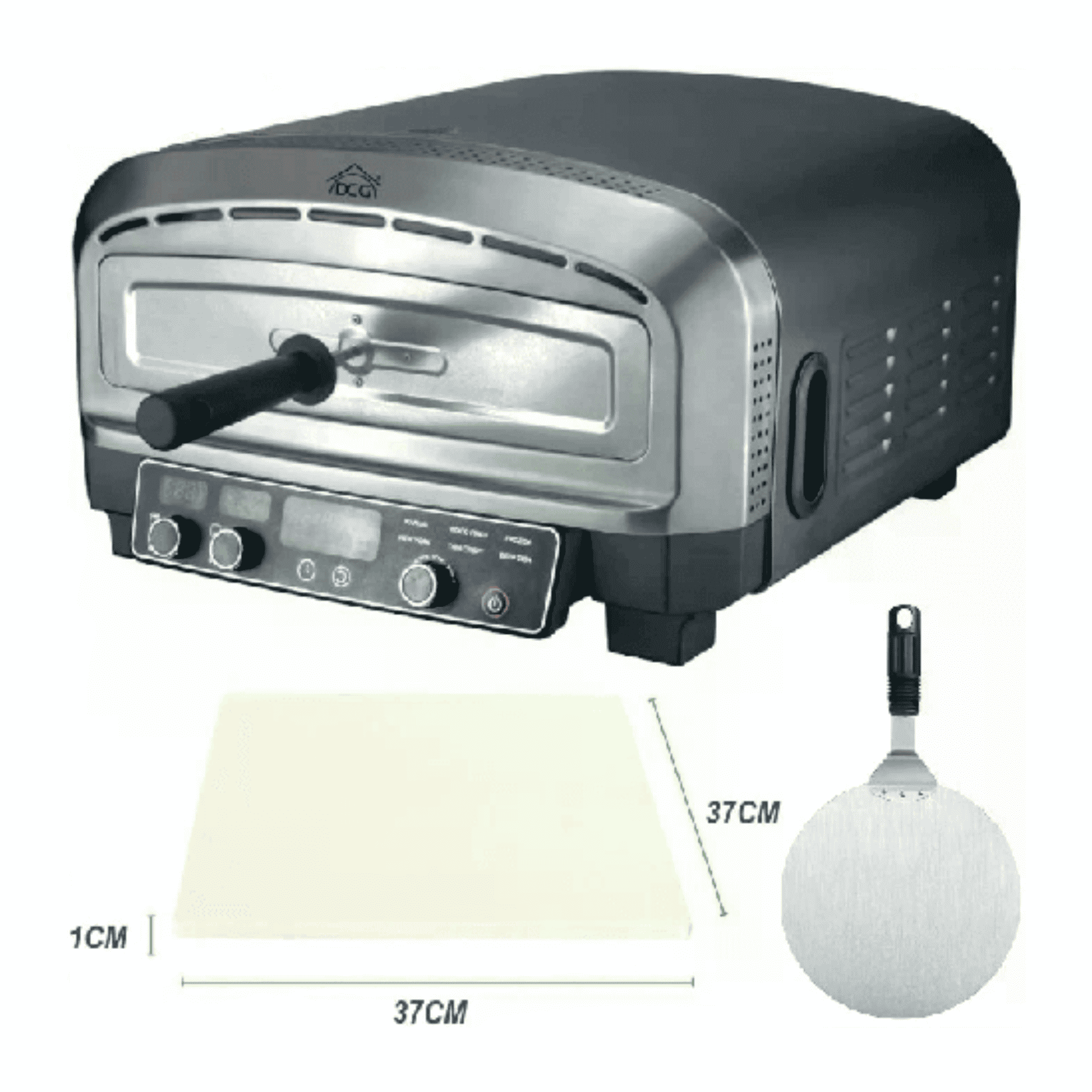 Elektrische pizzaoven DCG MB2350 met refractaire pizzasteen en ronde pizzaschep van 30 cm inbegrepen in de verpakking