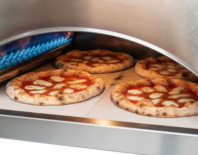 Forno Pizza Party Ispirazione Grande rame antico su carrello con ripiano in legno, in giardino