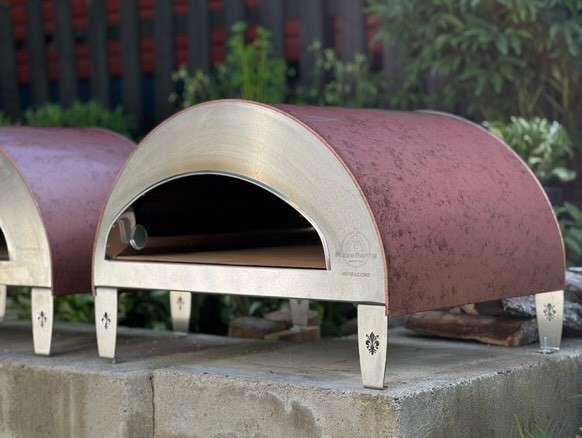 Large Antique Copper Pizza Party Inspiration Oven, detail of the Made in Italy logo and lit burner