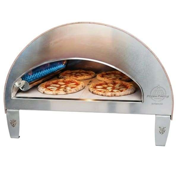 Large Antique Copper Pizza Party Oven, 60x70cm cooking surface, front view in a garden