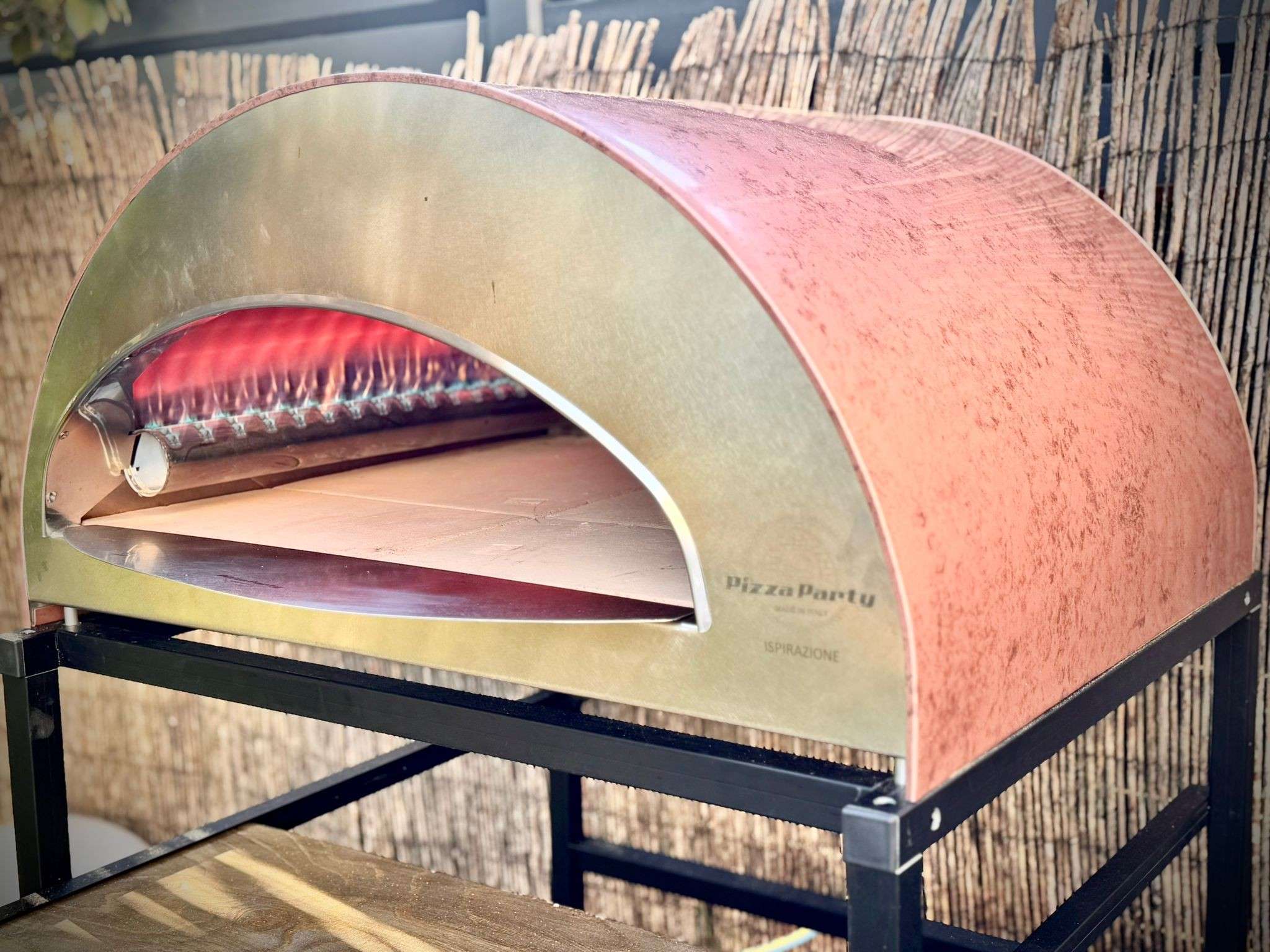 Large Antique Copper Pizza Party-Inspired Oven on a Garden Stand, Left Side View