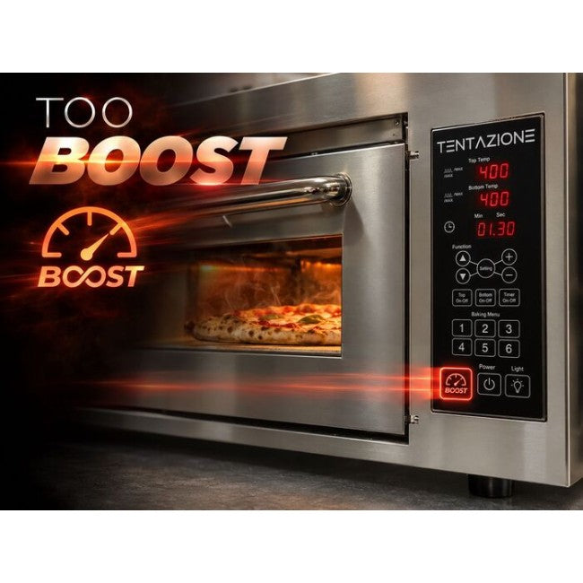 Pizza in cottura nel forno Tentazione TOO GT6 con la funzione Boost evidenziata sul pannello digitale