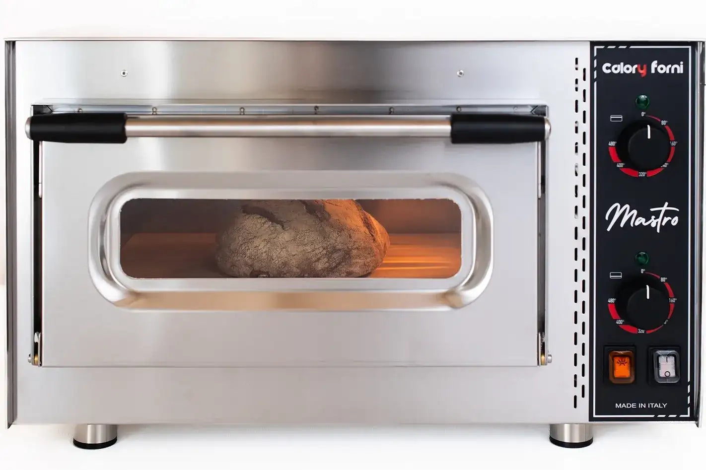 Horno CF62M MASTRO MEK – detalle de los controles mecánicos y termostato