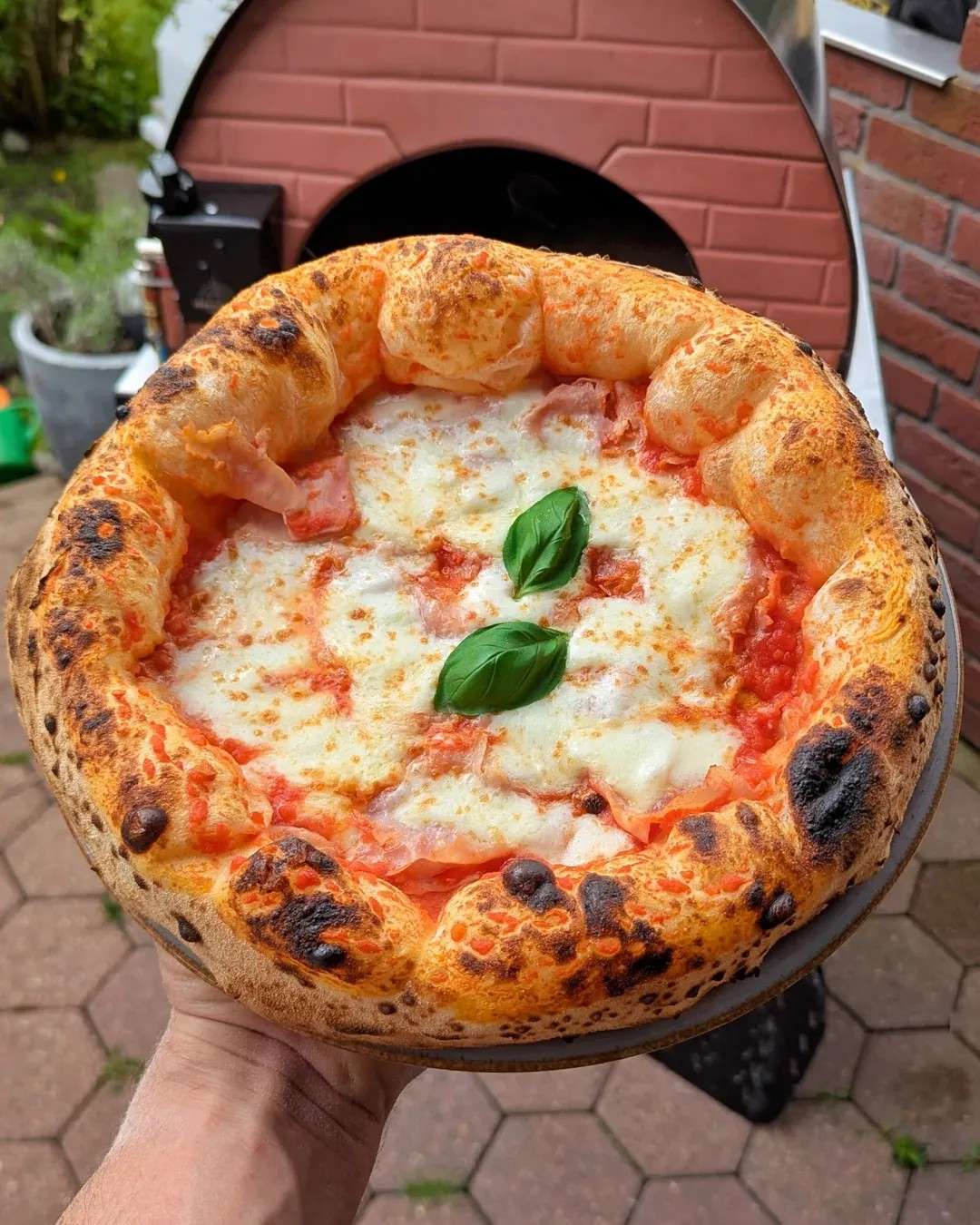 Neapolitaanse pizza margherita met een hoge korst, gebakken in de Pizza Party Bollore-oven