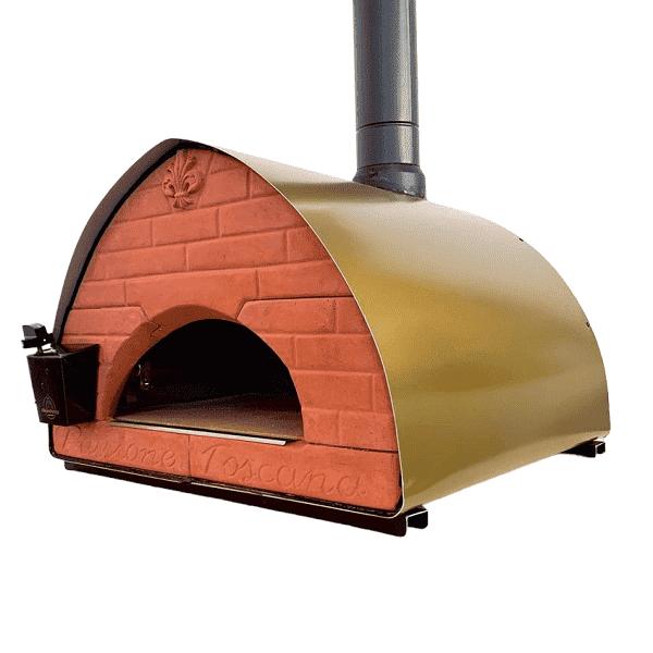 Zijaanzicht van de goud afgewerkte Bollore Pizzapartij-oven op witte achtergrond met gasbrander