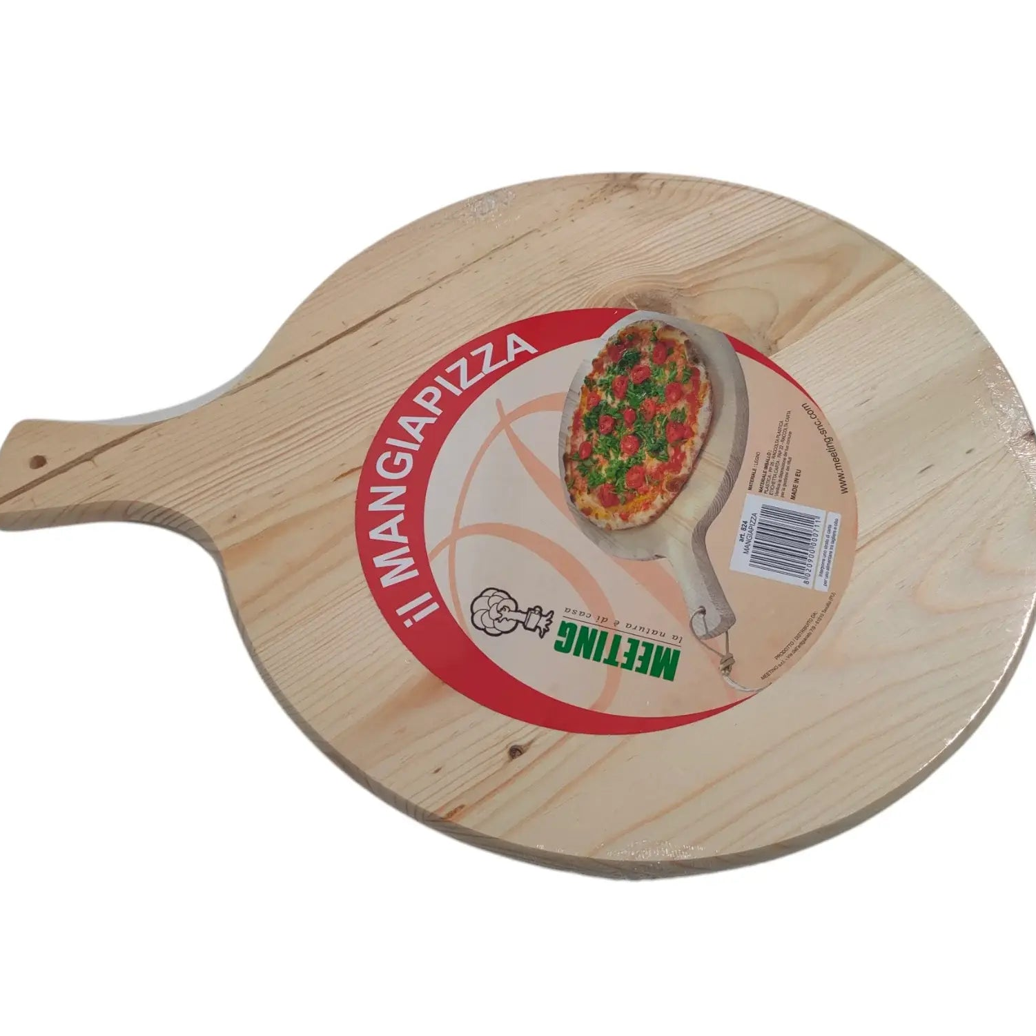 Rundes 38cm Schneidebrett aus Tannenholz mit Griff – Seitenansicht