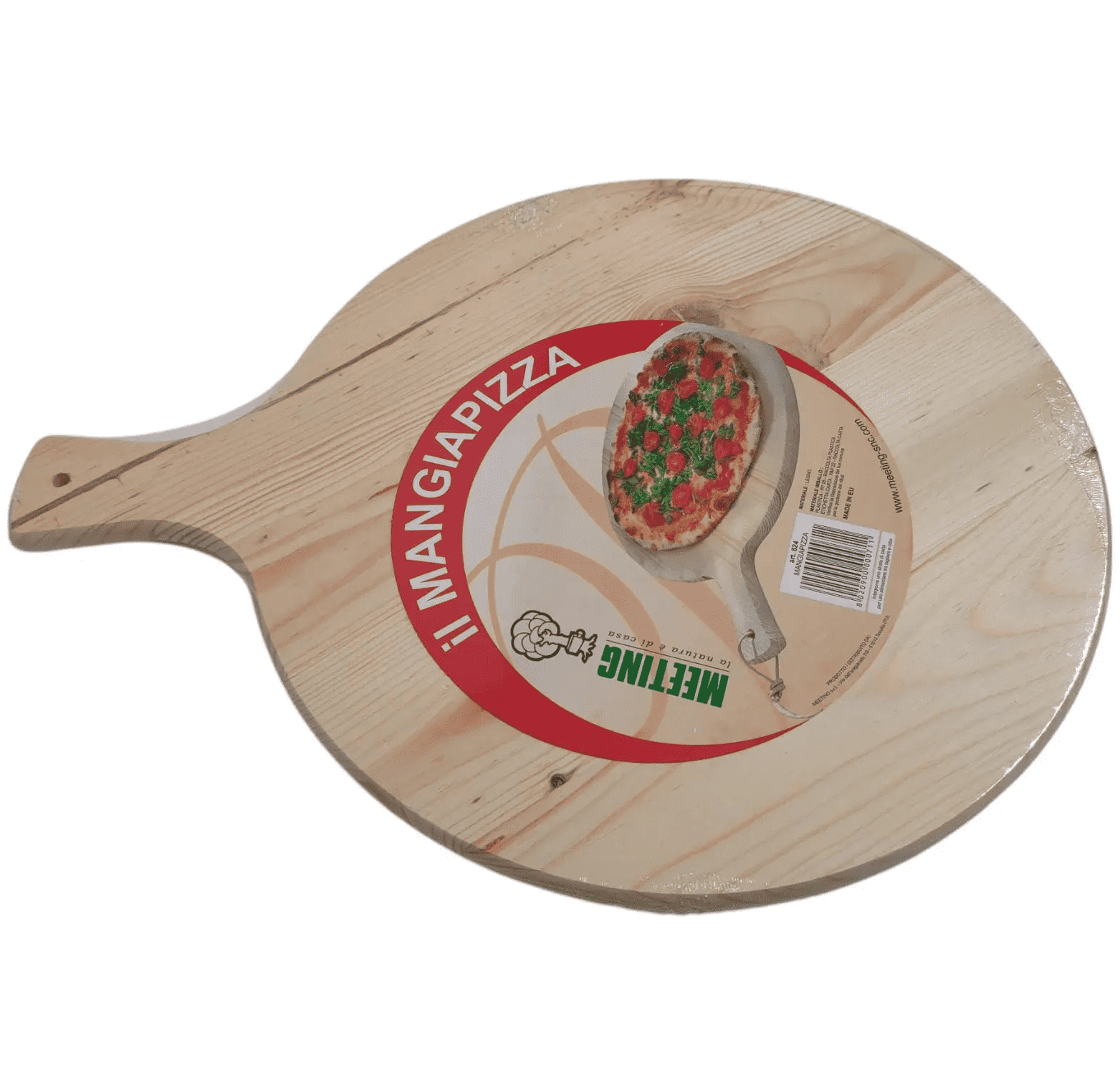 Tabla de cortar redonda de 38cm de madera de abeto con manico — vista lateral