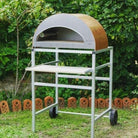 Pizza Party Emozione outdoor garden oven stand with silver wheels and wooden shelf