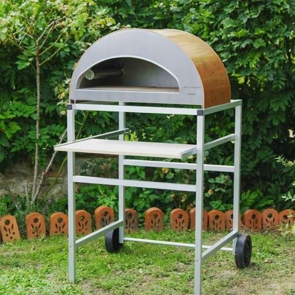 Pizza Party Emozione outdoor garden oven stand with silver wheels and wooden shelf