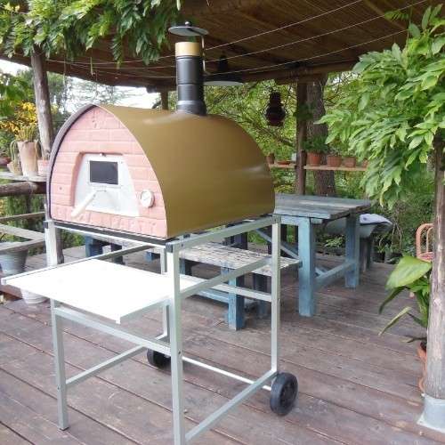 Wood-fired Pizza Party 70x70 olive green oven on a stand with aluminum wheels and sliding shelf