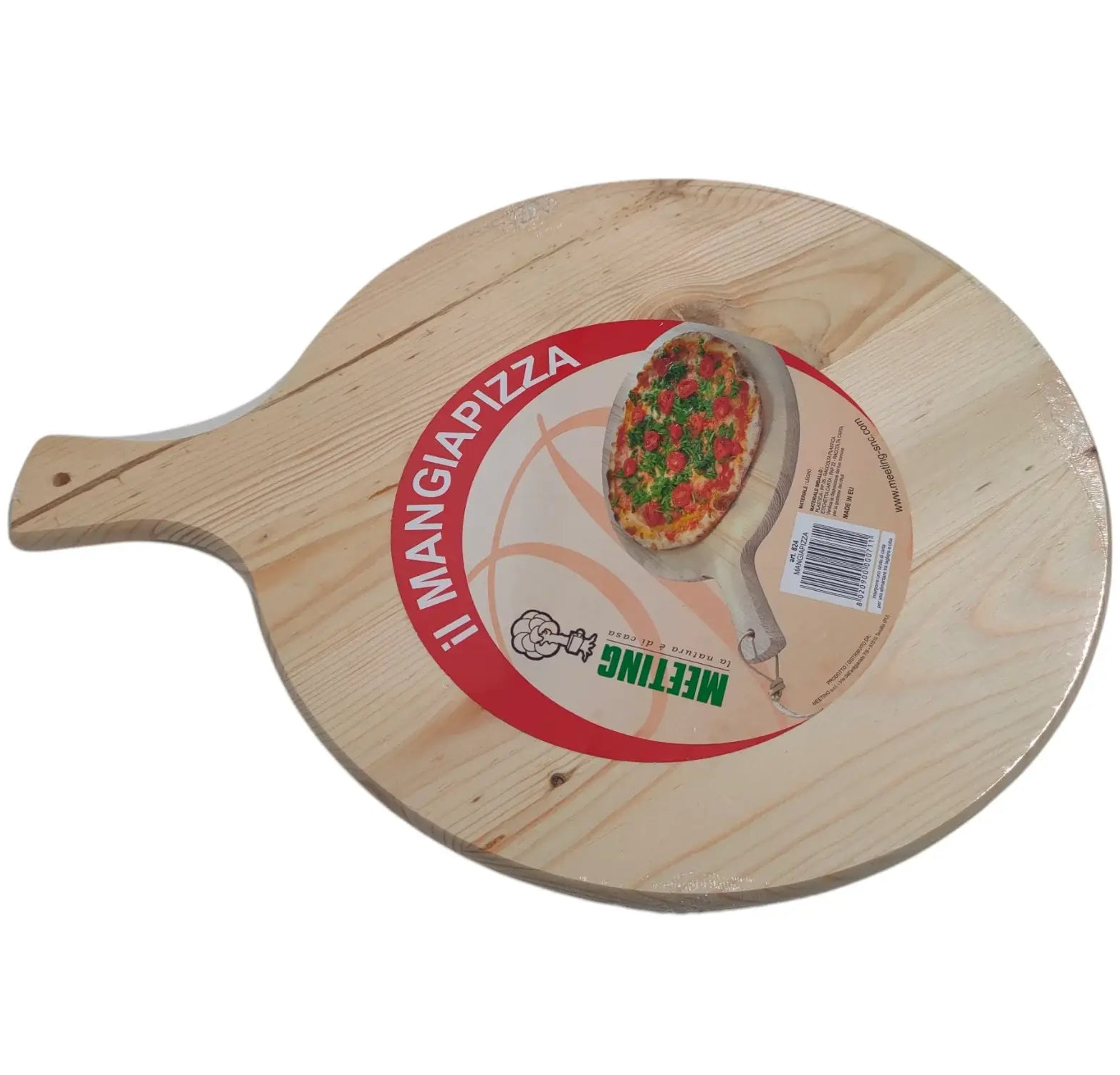 Rundes 38cm Schneidebrett aus Tannenholz mit Griff – Seitenansicht